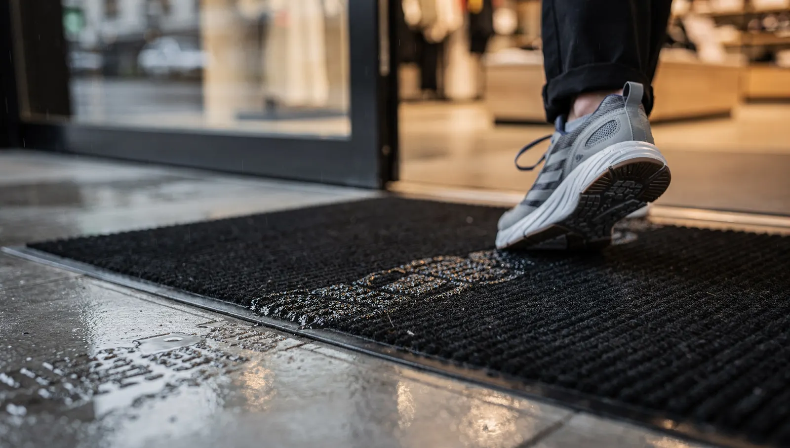 El mismo tapete en uso en la puerta de una tienda en un día de lluvia